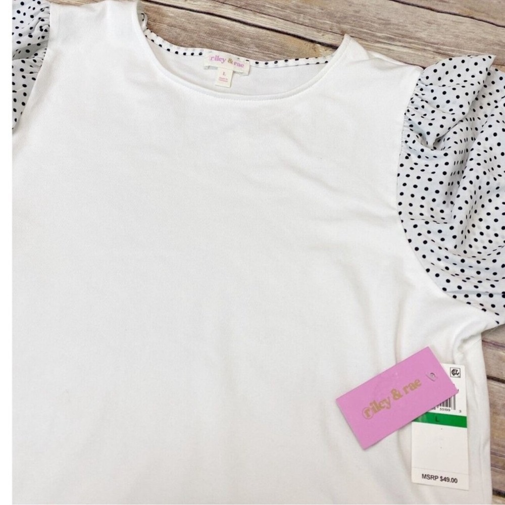 RILEY & RAE Polka-Dot Puff-Sleeve Blouse white size S - Picture 4 of 6